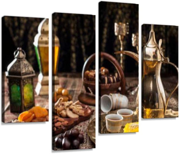 Traditional Arabian Coffee, Nuts and Sweets Canvas Wall Art Hanging Paintings Modern Artwork Abstract Picture Prints Home Decoration Gift Unique Designed Framed 4 Panel
