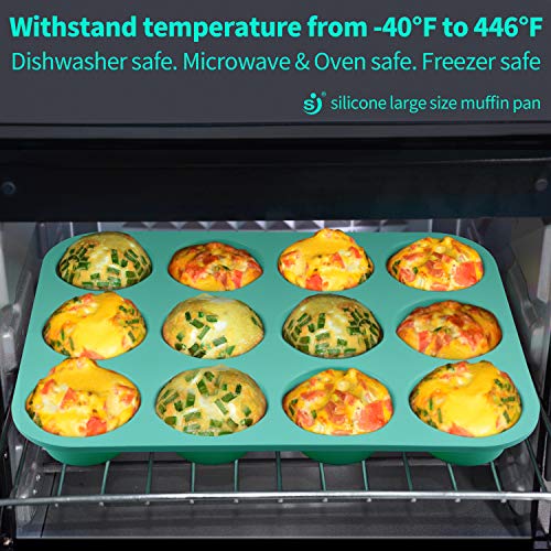 SJ European LFGB Silicone Muffin Pan, Mini 24 Cups and Regular 12 Cups Cupcake Pans, Food Grade Silicone Molds for Baking, Mint Green, Non-Stick & BPA Free, Pack of 2