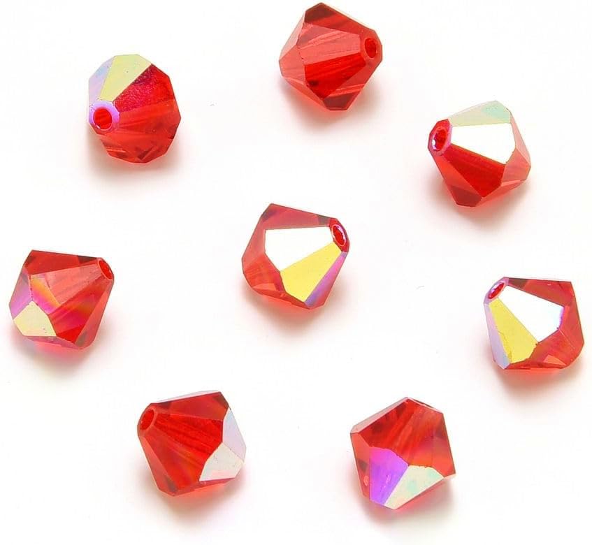Perlin 4mm Crystal Bohemian Bicone Beads, Set of 40, Siam Red AB, Fire Polished Faceted