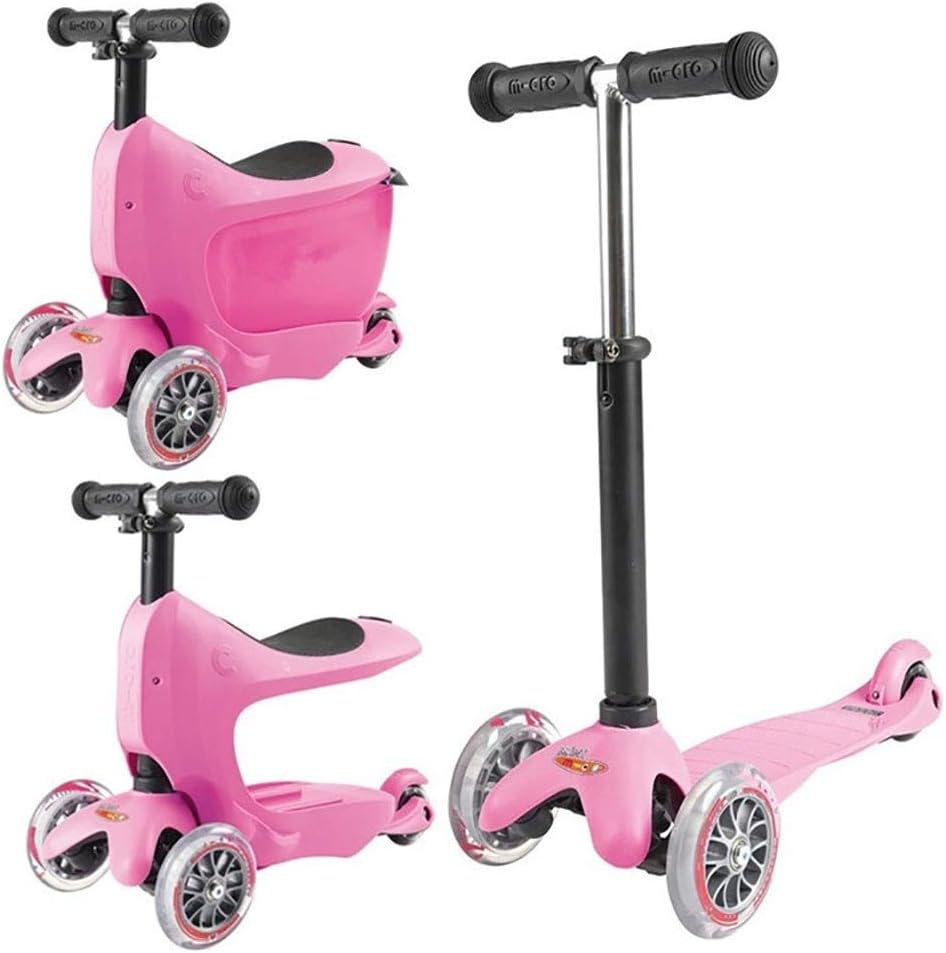 Kids 3 Wheel Kick Scooter 3 In 1 Ride On Scooter 3 Height Adjustable Handle Flashing PU Wheel Removable Seat Non-slip Surface Portable Toy box For Children 2-14 Gift