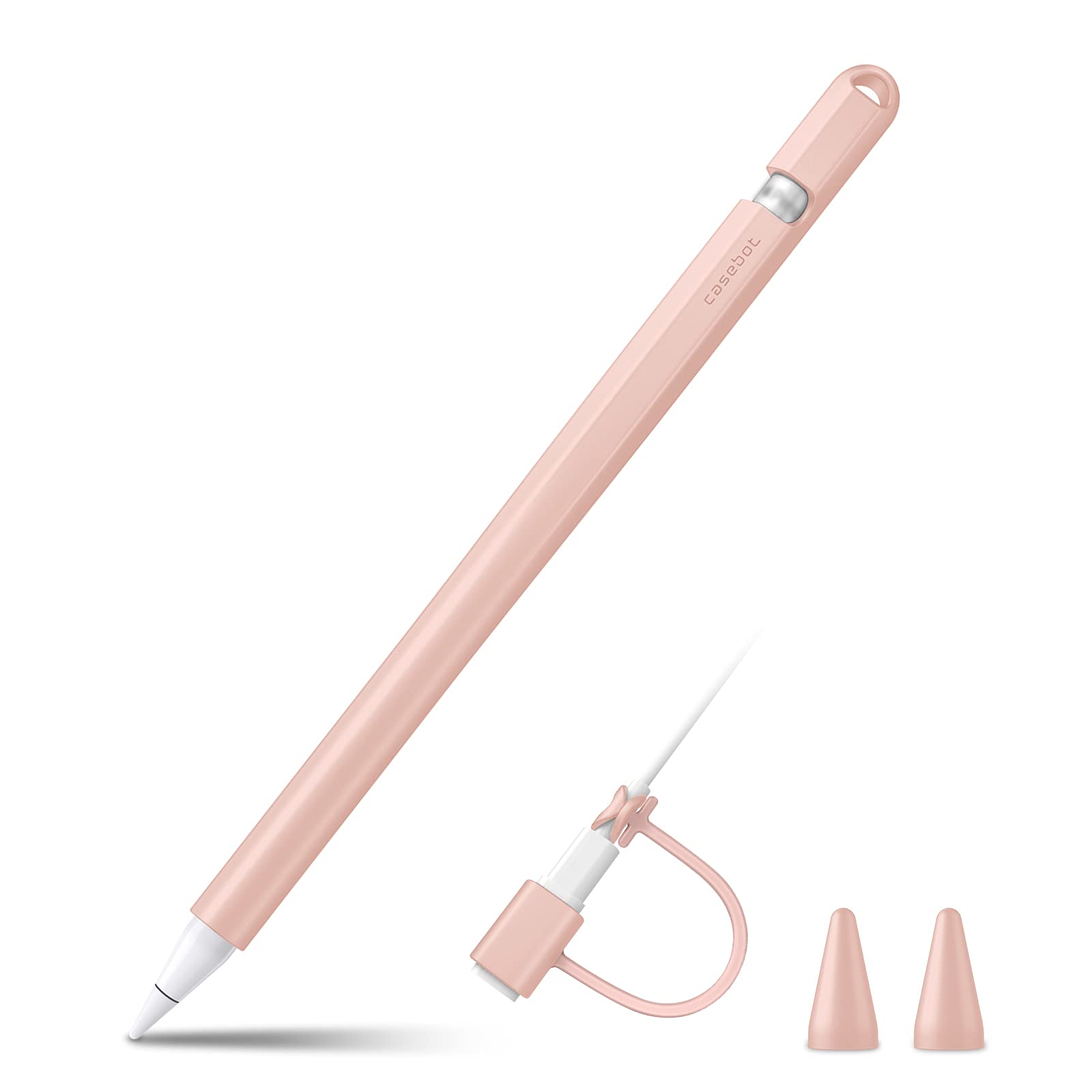 Fintie Silicone Sleeve Compatible with Apple Pencil 1st Generation, Ultra Light Pen Skin Case Cover Soft Protective Pencil Grip Holder with 2 Nib Covers & Cable Adapter Tether, Pink Sand
