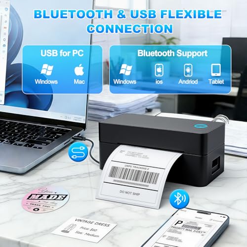 OFICHIDO Impresora Térmica de Etiquetas Bluetooth, 4x6 Impresión de Etiquetas de Envío Nalambrica, Control Inteligente de Temperatura, con Memoria USB, Compatible con Casi Todas Las Plataformas