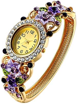 PPOVEN Crystal Bangle Cuff Bracelet Quartz Watch for Women Ladies Gold Plated Flower Jewellery Perimeter:20.5cm(Purple)