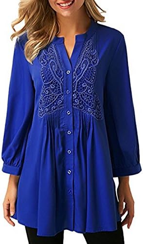 TrendiMax Women Stylish Summer Ladies Maternity Lace Puff Sleeve V Neck Lace Panel Tunics Plus Size Loose Tee Shirts ( 2XL,Blue）