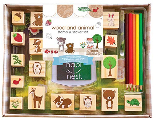 Hapinest Woodland Animal Wooden Stamp and Sticker Set for Kids Boys and Girls 68 Pieces Arts and Crafts Gifts Age 4 5 6 7 8 9 10 Years Old