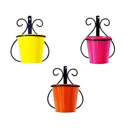 Decorscent Wall Mount Metal Planter Stand with Round Galvanized Bucket Planter (Set of 3 Pcs)