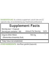 Suplemento de la oferta orgánico Bitter Melon 750 mg, 180 cápsulas, soporte de nivel de azúcar en sangre equilibrado, sin OGM, fabricado en Estados Unidos