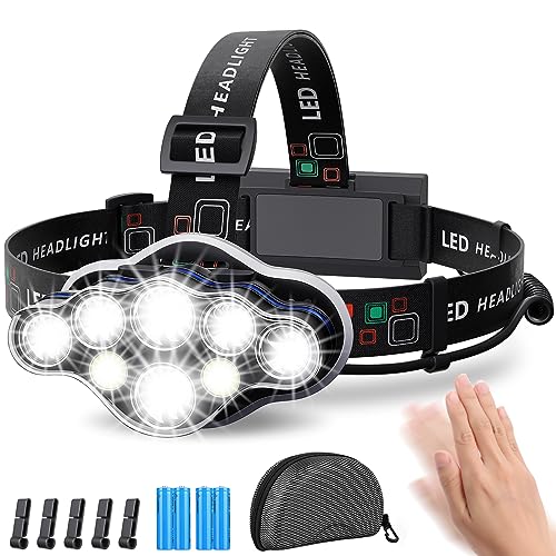 MLIAIMCE Rechargeable LED Headlamp Headlamp, 18000 Lumens 8 Modes 8 LEDs, IPX4 Waterproof Red Warning Light, for Running, Camping, Hiking, Fishing