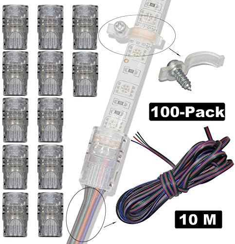 GooChan 4 Pin LED Connector for Waterproof 5050 LED Strip Light- Strip to Wire Quick Connection (Kit: 12pcs 4-pin Strip to Wire Connectors + 100pcs Mounting Brackets + 10m Extension Cable)
