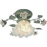 BRRSKBK French Glass Flower Ceiling Light Fixture Green Hallway Semi Flush Mount Ceiling Light Nordic Modern Blue White Milk 