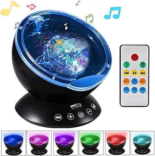 [Newest Design] Remote Control Ocean Wave Projector 12 LED & 7 Colors Night Light & Built-in Music Player for Living Room and Bedroom (Black)
