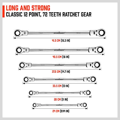 HORUSDY 6-Piece Extra Long Flex-Head Ratcheting Wrench Set - Chrome Vanadium Steel With Metric 8mm - 19mm,With Large Size Organizer Pouch - Thumbnail 4