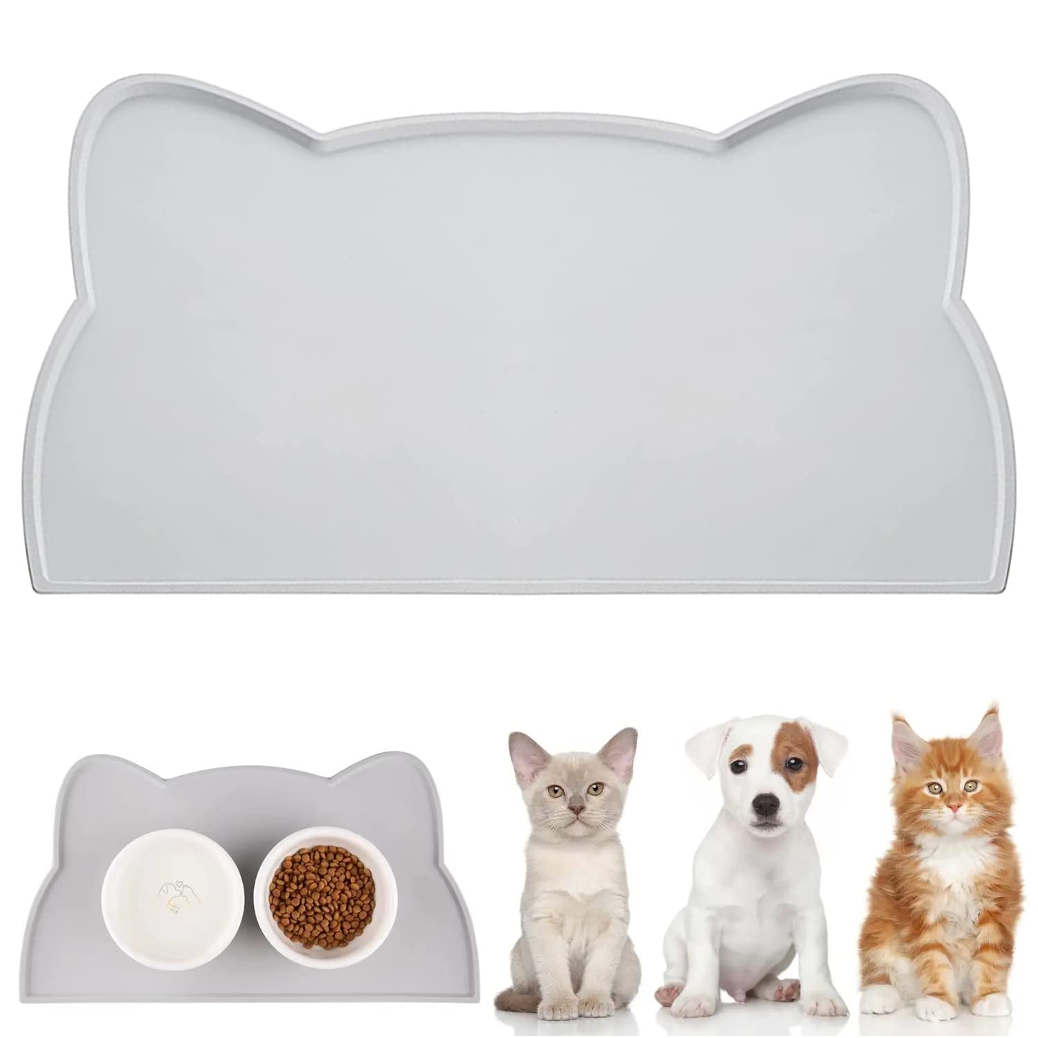 WOMLEX Bowl Mat for Dogs, Cats, Pet Mat, Dog Bowl Mat, Cat Bowl Mat Made of Silicone, Dog Cat Feeding Mat, Waterproof and Non-Slip Cat Head Shape (Grey, 52 x 30 cm)