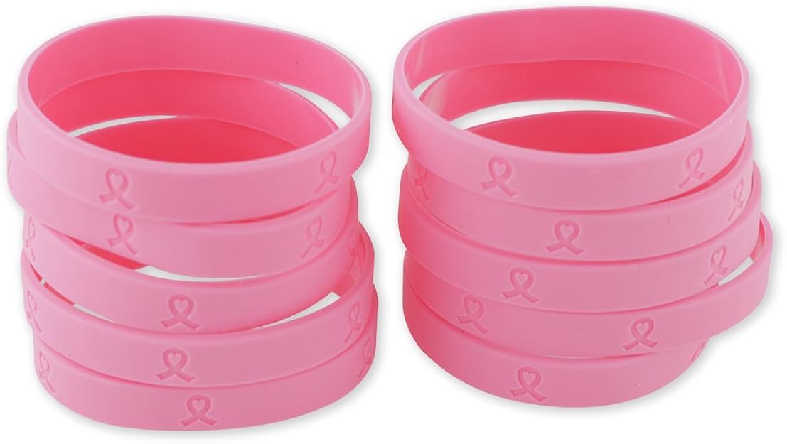 Pink Ribbon Heart October Breast Cancer Awareness Silicone Bracelet (10