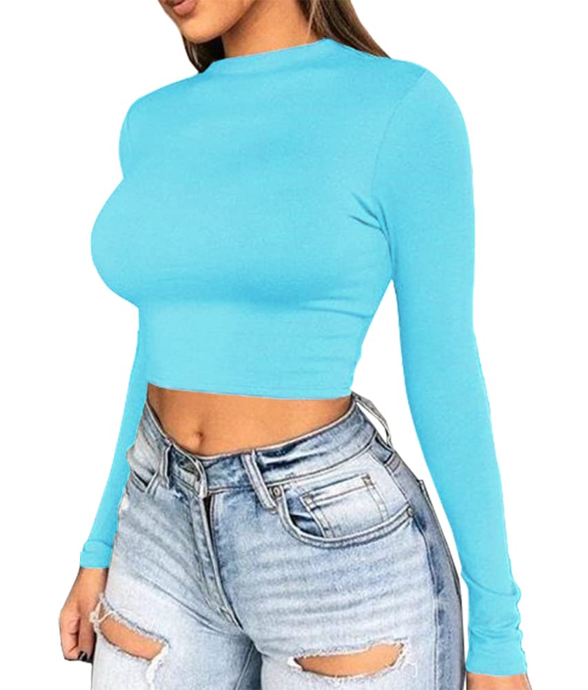 Photo 1 of **2 STAINS ON BACK***Artfish Women Long Sleeve Turtleneck Crop Top Mock Neck Tight Fitted Shirts Light Blue, XL