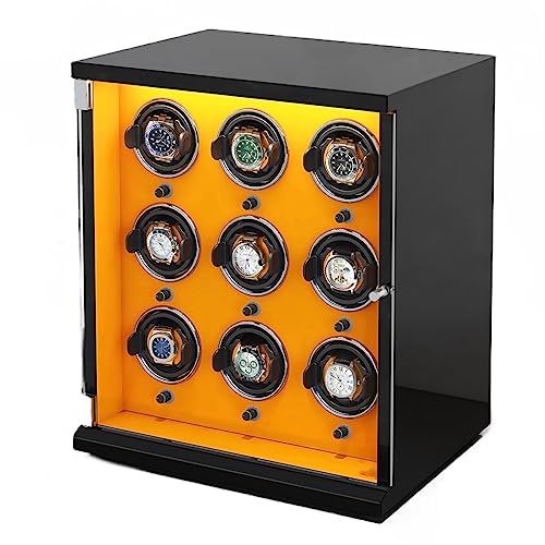 EUQKKWLOY Watch Winder for 9 Automatic Watches with Ultra-Quiet Motors Wood Shell Piano Finish Flexible Watch Pillow Built-in LED Illumination