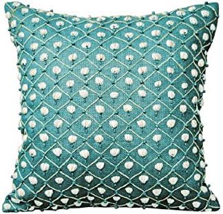 COASTAL NAUTICAL BEACH PILLOWS 20 X 20 Indoor Cotton - Nature's Shell Game Pillow - Turquoise A pattern of hand-beaded shells adorn this indoor cotton pillow.