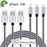 Xcords(TM) 3Pack 10FT Nylon Braided Lightning to USB Syncing and Charging Cable Data Cord Compatible with iPhone 7/ 7 Plus/ 6/ 6 Plus/ 6s/ 6s Plus/ 5/ 5s/ 5c/ SE/ iPad /iPod and More(Black&Grey)