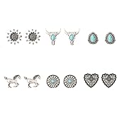 Western Turquoise Earrings Set - 6 Pairs Vintage Boho Stud/Dangle Earrings for Women, Southwestern Bohemian Bull Skull Horse Boot Heart Lightning Jewelry Gifts