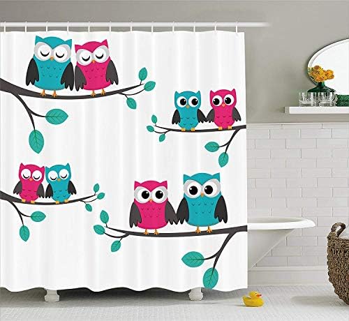 VVIANS Nursery Shower Curtain, Couples of Owls Sitting on Spring Branches Cute Funny Cartoon Characters, Fabric Bathroom Decor Set with Hooks, 60 * 72 Inch, Turquoise Blue Pink