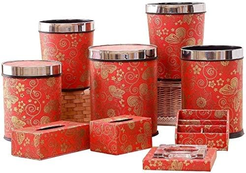 WYJW Trash Red Wedding Trash Chinese Wedding Bathroom Trash Recycle Bin with Round Lid (Color: F)