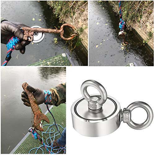 Wukong Second-Generation Neodymium Fishing Magnets (Double-Sided Magnetic) Round Neodymium Magnet with Eyebolt, Combined 600 LBS Pulling Force, 2.36" Diameter - Magnet for River or Lake Fishing.