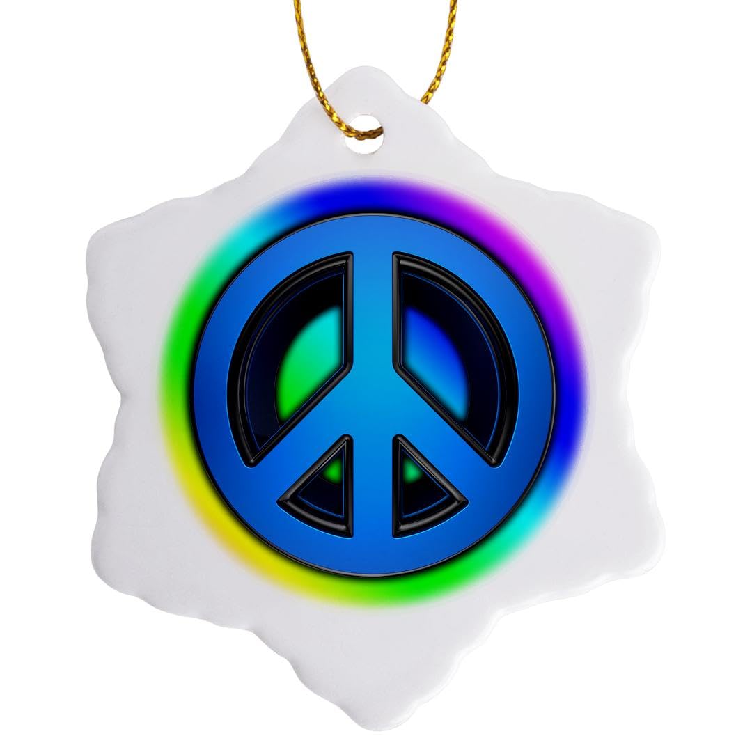 3dRose Peace Sign Over Rainbow Background Love Snowflake Ornament, Multi-Colour, 3-Inch