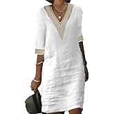 Women’s Casual V Neck Cotton Linen Dress Summer Half Sleeve Midi Knee Length Linen Dresses