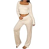 WDIRARA Women's Bow Print 2 Piece Pajama Set Pants Pjs Set Square Neck Long Sleeve Sleepwear