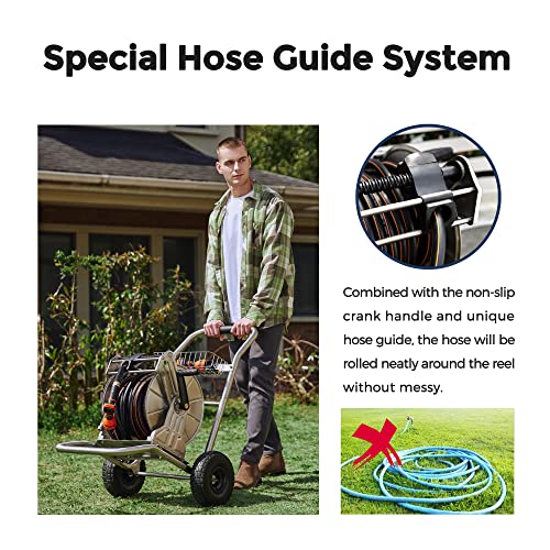 Giraffe Tools Stainless Steel Hose Reel Cart, Water Hose Cart with Hose