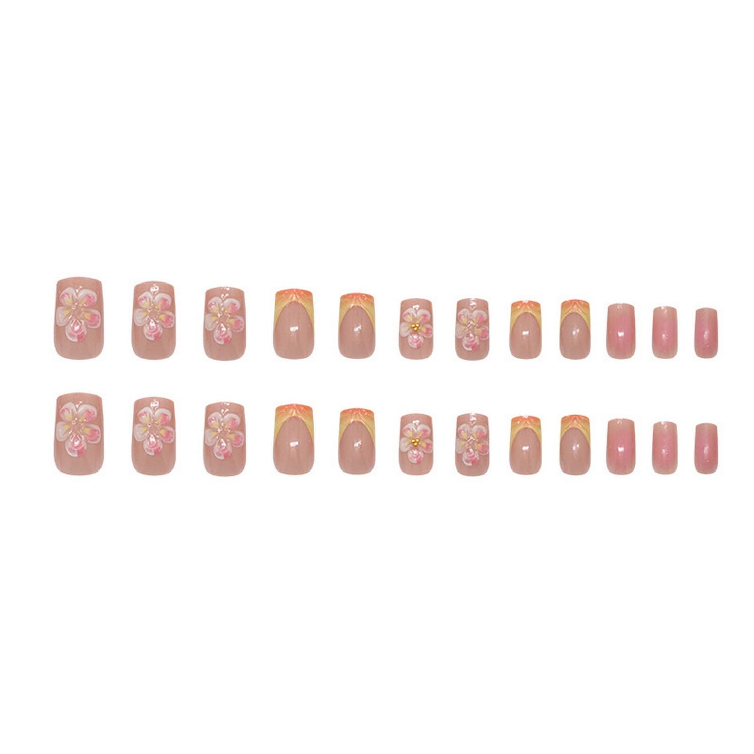 Pink Press on Nails Square Fake Nails with 3D Flower design Stick on Nails Glossy Full Cover Summer False Nails Stripe French Tip Glue on Nails Gel Nails Art Kit for Women Girls Vacation Manicure - Image 3