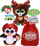 TY Beanie Boos Gale (Penguin) & Fudge (Reindeer) Holiday Christmas 2019 Gift Set Bundle with Bonus Matty's Toy Stop Storage Bag - 2 Pack