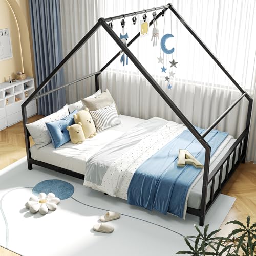 SIMPLE ESPACIO Base Cama Matrimonial,Base de Cama Matrimonial con Metal,Recamara matrimonial con Techo Triangular,Base para Cama Matrimonials con 6 Ganchos,Cabecero y Pie de Cama de Metal.(Negro)