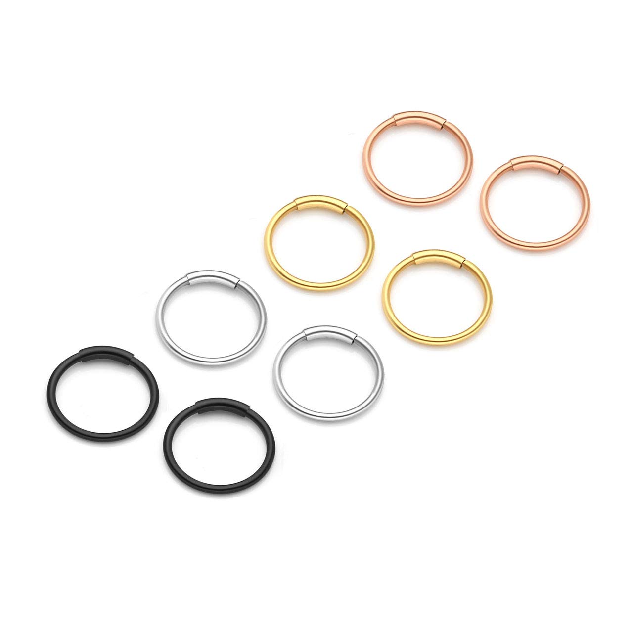 PiercingJak 8pcs Mixed Color Stainless Steel 20G 8mm 10mm Hinged Clicker Seamless Nose Hoop Rings for Nose Ear Helix Cartilage Tragus Daith Septum Eyebrow Lip Body Piercing Jewelry