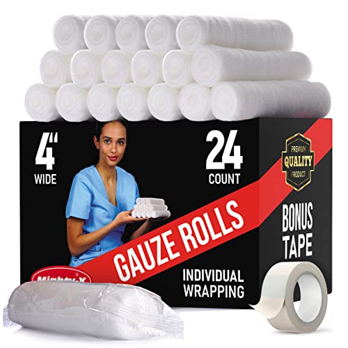 Premium Gauze Rolls 24 pack 4" Individually Wrapped + Bonus Tape First Aid Conforming