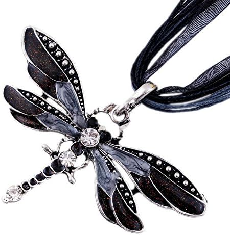 Rhinestone Inlay Gem Tone Dragonfly Pendant Necklace for Women Girls