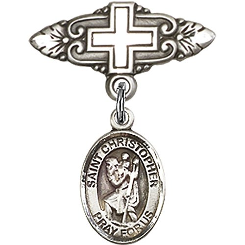 Sterling Silver Baby Badge with St. Christopher Charm and Badge Pin with Cross 1 X 3/4 inches
