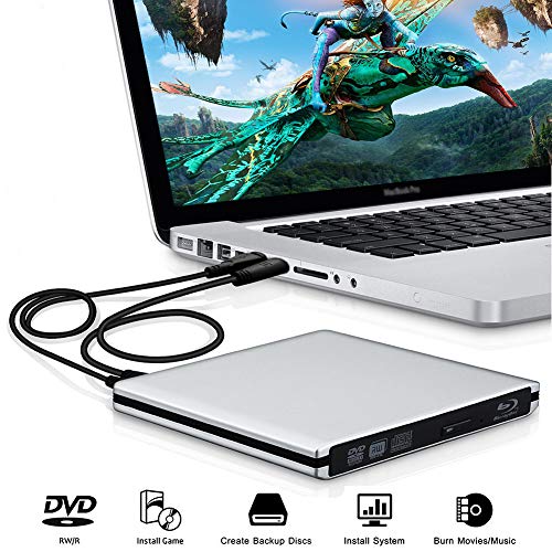 Blu Ray Drive External, Blu-ray Player USB 3.0 DVD CD RAM Burner Play 3D 4K Disk CD Re-Writer Ultra-Slim Portable Compatible for Notebook Mac Book OS Windows 7 8 10 PC (Sliver)
