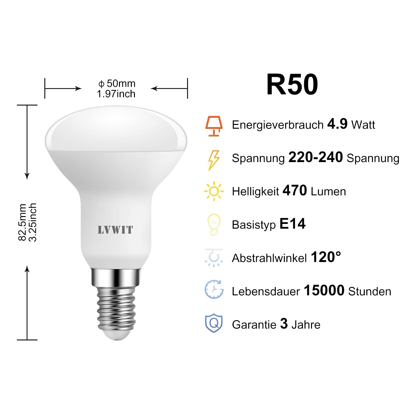 LVWIT 6er Pack E14 LED Lampe Warmweiss 4.9W, Reflektorlampe 470 lm, 2700K, E14 LED Reflektor R50 Strahler ersetzt 40W Glühbrine 3