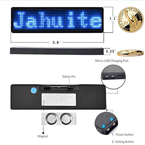 JAHUITE LED Name Tag 2-Packs Rechargable Cellphone Programmable with Magnet/Pin Mount Business Sign Advertising Board Display Wireless Bluetooth Name Badge (Blue)
