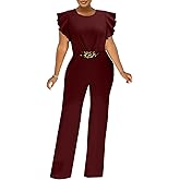 ZonJie Jumpsuits for Women Dressy Ruffle Sleeve Round Neck Backless One Piece Work Party Wide Leg Long Pants