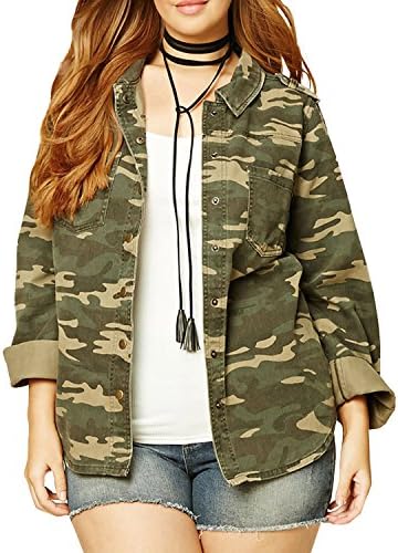 HaoDuoYi Womens Plus Size Single Button Long Sleeve Camouflage Jacket