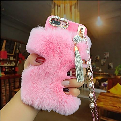 Handmade Butterfly Bling Crystal Rhinestone Pearl Chain With Soft Rabbit Fur Rhinestone Case Cover for Iphone 6 6s plus Warm Case (pink)