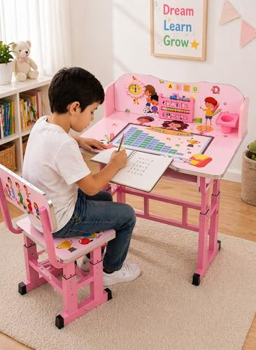 Toshionics Adjustable Kids Study Table & Chair Set | Egonomic Study Desk with Learning Board & Clock, Adjustable Height School Desk with Storage Cup Tiltable Desktop for Kids 3-15 - Pink