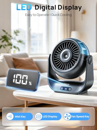 Ventilateur Brumisateur Bureau - 5000mAh Mini Ventilateurs Silencieux de Table avec 5 Vitesses, Ecran LED & Réglable à 90°, Petit Table Fan USB Rechargeable pour Chambre Bureau Extérieur (Noir)