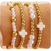 GIGB PBDK Beaded Bracelets for Women,Trendy Gold Pearl Stackable Bracelets Non Tarnish Cross Bracelet Set,Boho Everyday Beachy Jewelry Accessories Gifts