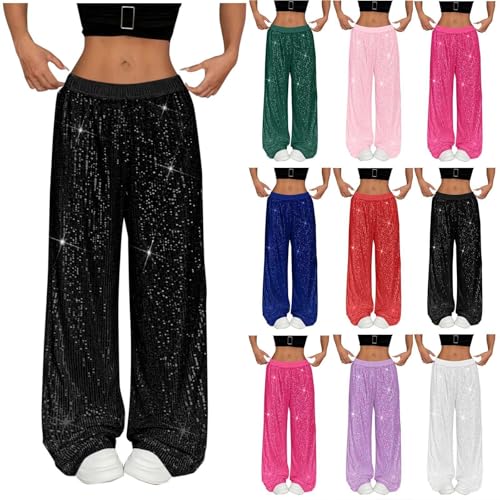 2025 Trousers Women's Party Sequin Elastic Waist Loose Fit Elastic Flare Pants Fashion Solid Color Pants Glitter Trousers Night Out Clubwear (Black, M)
