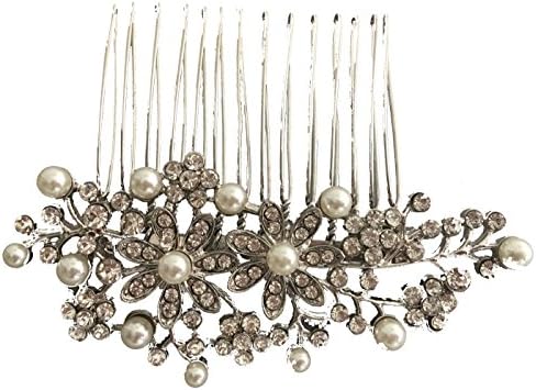 Isoft Austrian Crystal and Simulated Cream Pearl Bridal Hair Comb for Weddings and Prom Silver