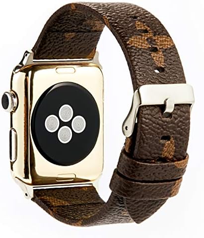 GOKE Brown Flower LV Printed Luxury PU Vegan Leather Watch Band Strap Compatible with 38mm 42mm Apple iWatch Series 3 2 1 (Silver Connector + Silver Buckle, 38mm)