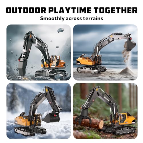 GraceDuck 3-in-1 Remote Control Excavator, 2.4 GHz with Sound & Light Functions – 680° Rotation and 3 Interchangeable Accessories, Suitable for Various Terraines, Ideal Toy for Children aged 6-12